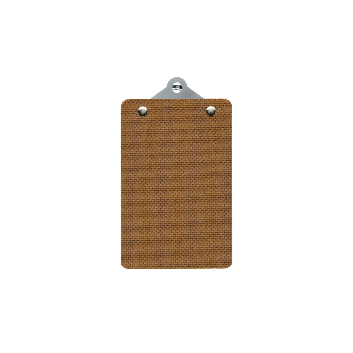 Back of a Penco mini clipboard, brown textured board with two metal rivets and silver clip top edge.