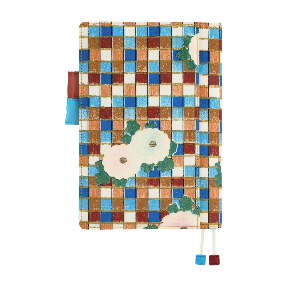Hobonichi A5 Cousin book cover in a blue, brown and cream checked print with white flowers, two bookmarks