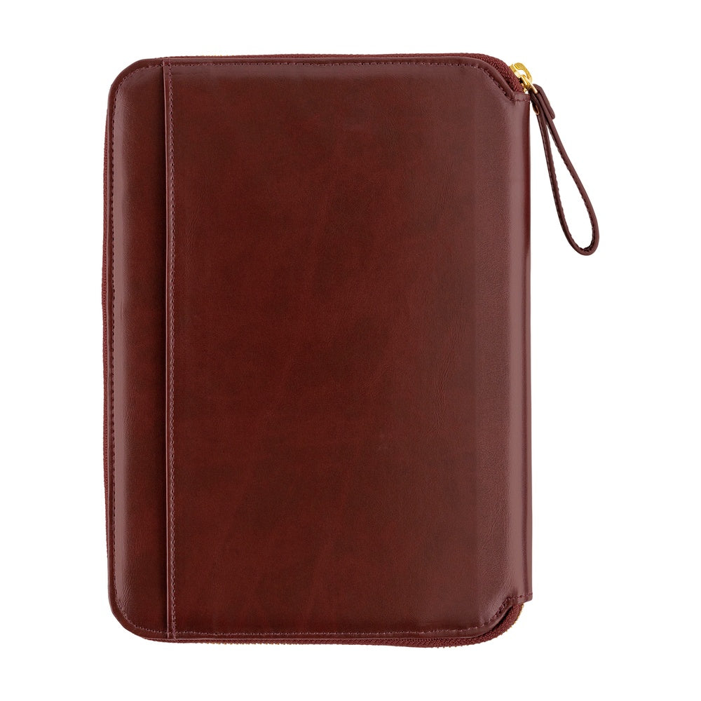 Hobonichi A5 Cousin planner cover in Amarone, closed with gold zipper and wrist strap loop