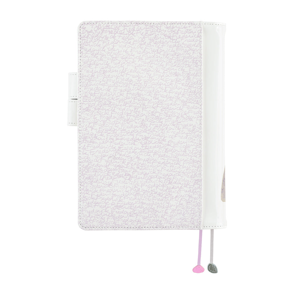 White A5 planner cover with repeating script lettering pattern, clear side pocket and two ribbon markers