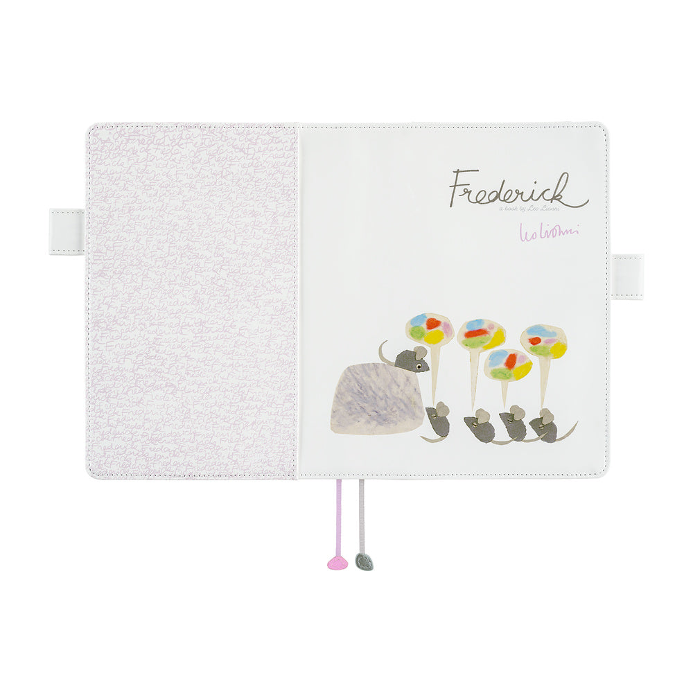 Open White Hobonichi A5 Cousin cover showing Frederick artwork with mice and flowers, plus two ribbon markers