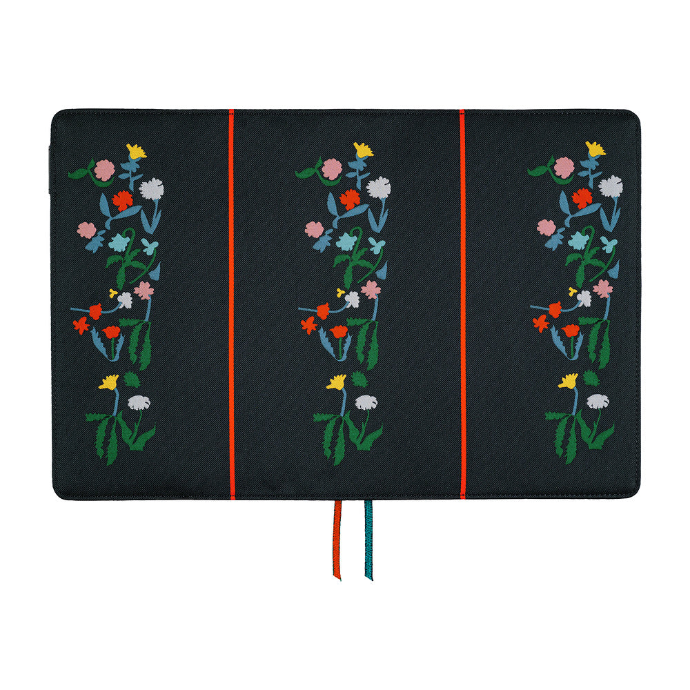 Navy fabric A5 book cover laid flat with embroidered floral sprays, red stripes and two ribbon markers.
