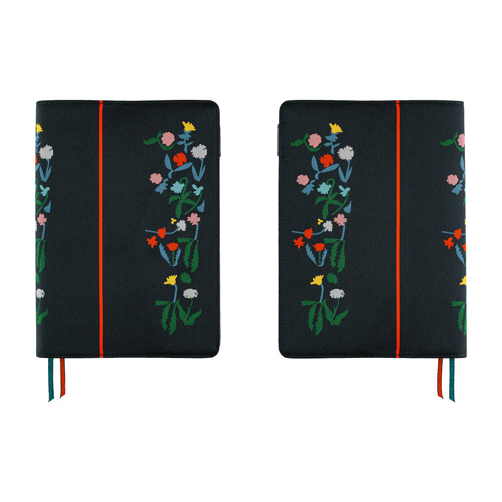 Front and back views of a Navy A5 planner cover with embroidered flowers, red elastic band and ribbons