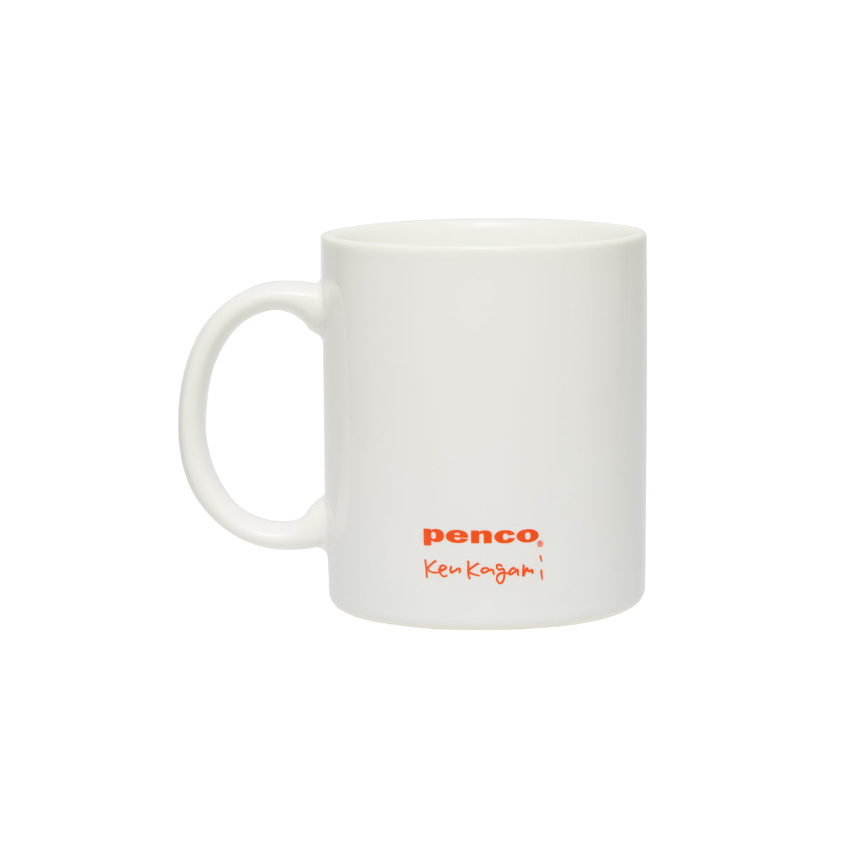 White ceramic mug with handle at left, showing orange Penco logo and Ken Kagami signature