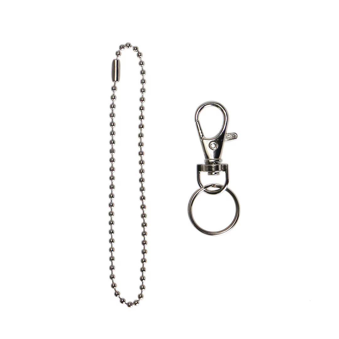 Silver ball chain and swivel lobster clasp with split ring, the keychain hardware attachments