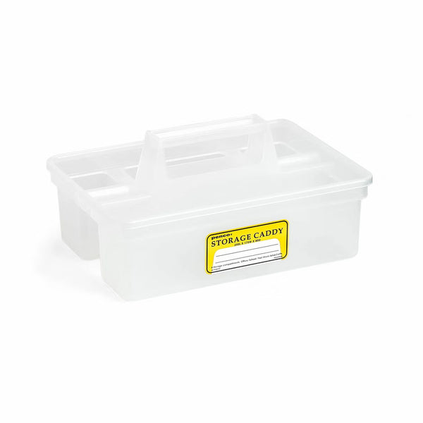 Penco Storage Caddy in Clear plastic with a centre carry handle, divided compartments and yellow front label.