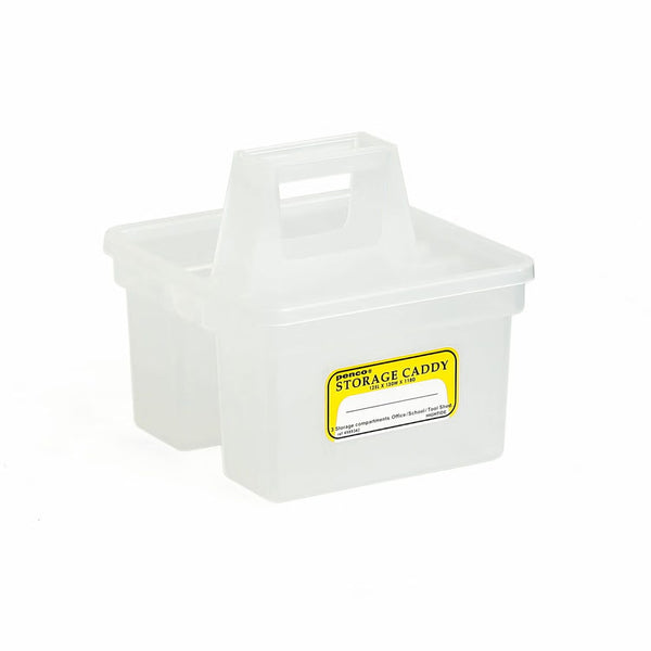 Penco Storage Caddy in Clear plastic with a carry handle and yellow front label, shown at an angle.