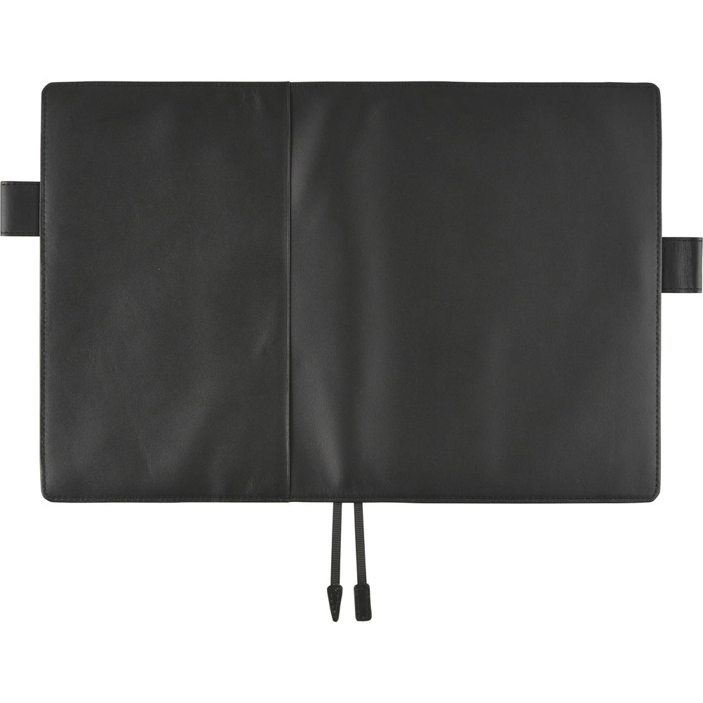 Hobonichi A6 black leather book cover laid open flat, showing side flaps and two ribbon bookmarks.