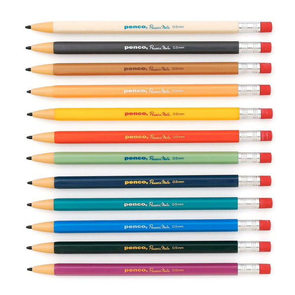 Penco Passers Mate 0.5mm mechanical pencils in a row of assorted colors, each with a red eraser tip