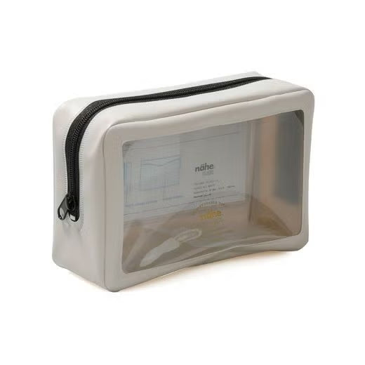 Nähe Packing Pouch in Gray with a clear front panel and black zipper, holding papers inside.