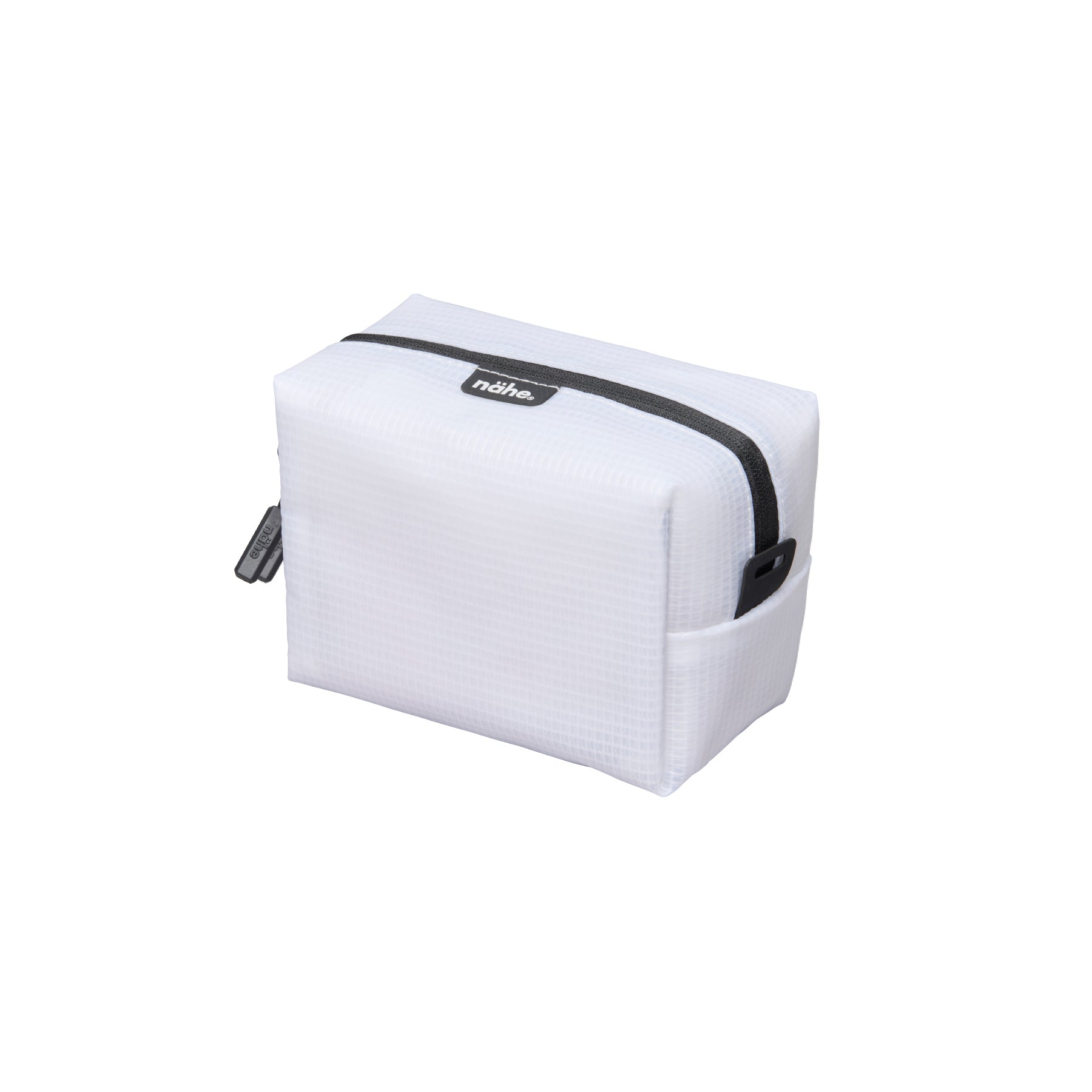 Small rectangular Nähe pouch in Clear grid-patterned material with black top zipper and side pocket.