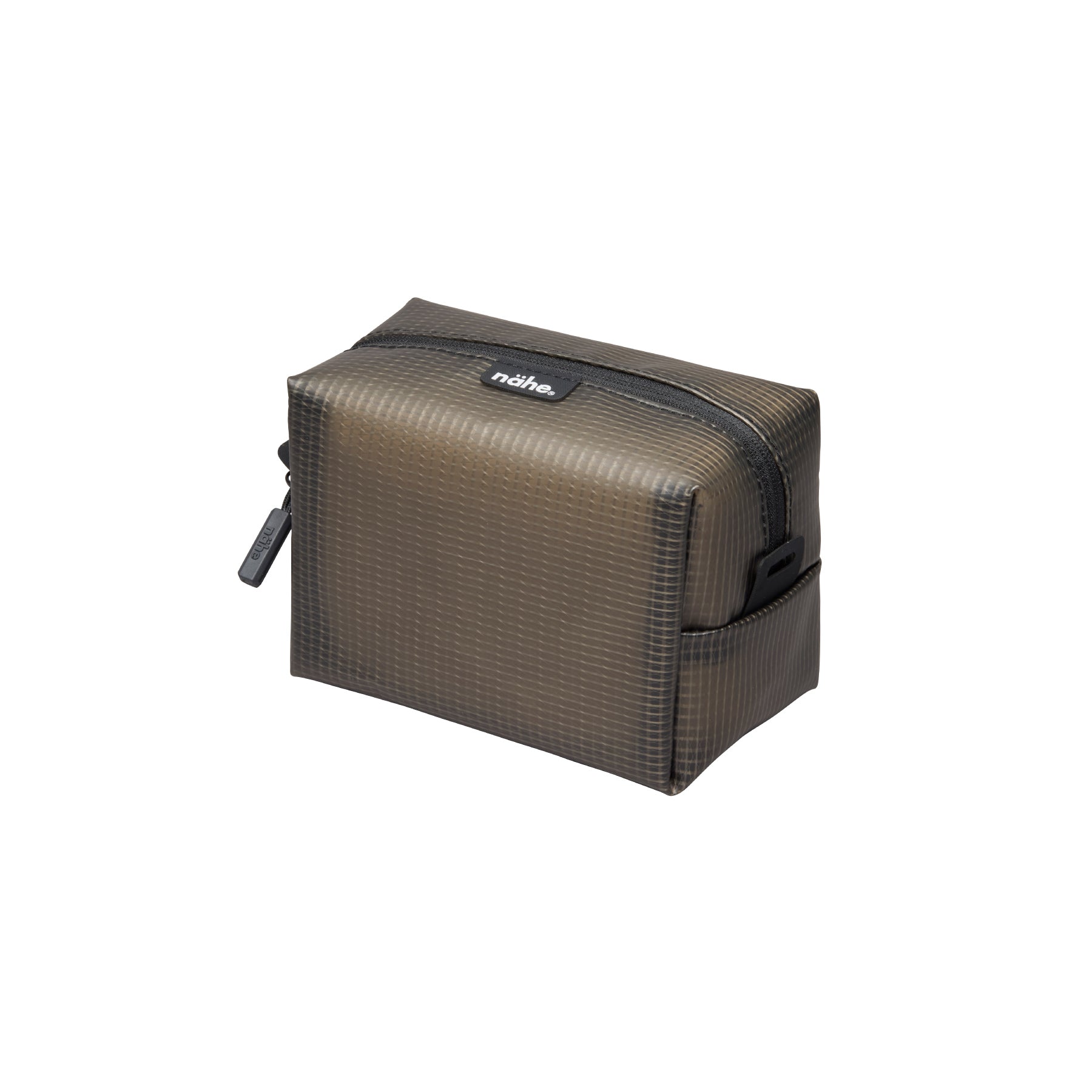Nähe Soft Grid Pouch in small size, Gray semi-transparent grid PVC with black zipper and side pull tab.