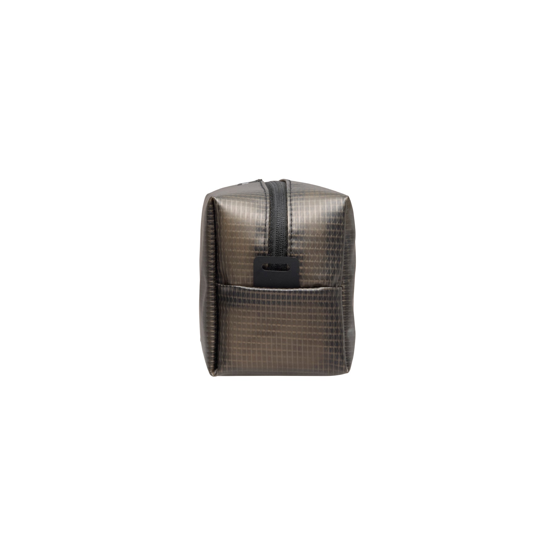 Side view of the Gray grid-patterned Soft Grid Pouch, showing its boxy shape, zipper and front pocket.