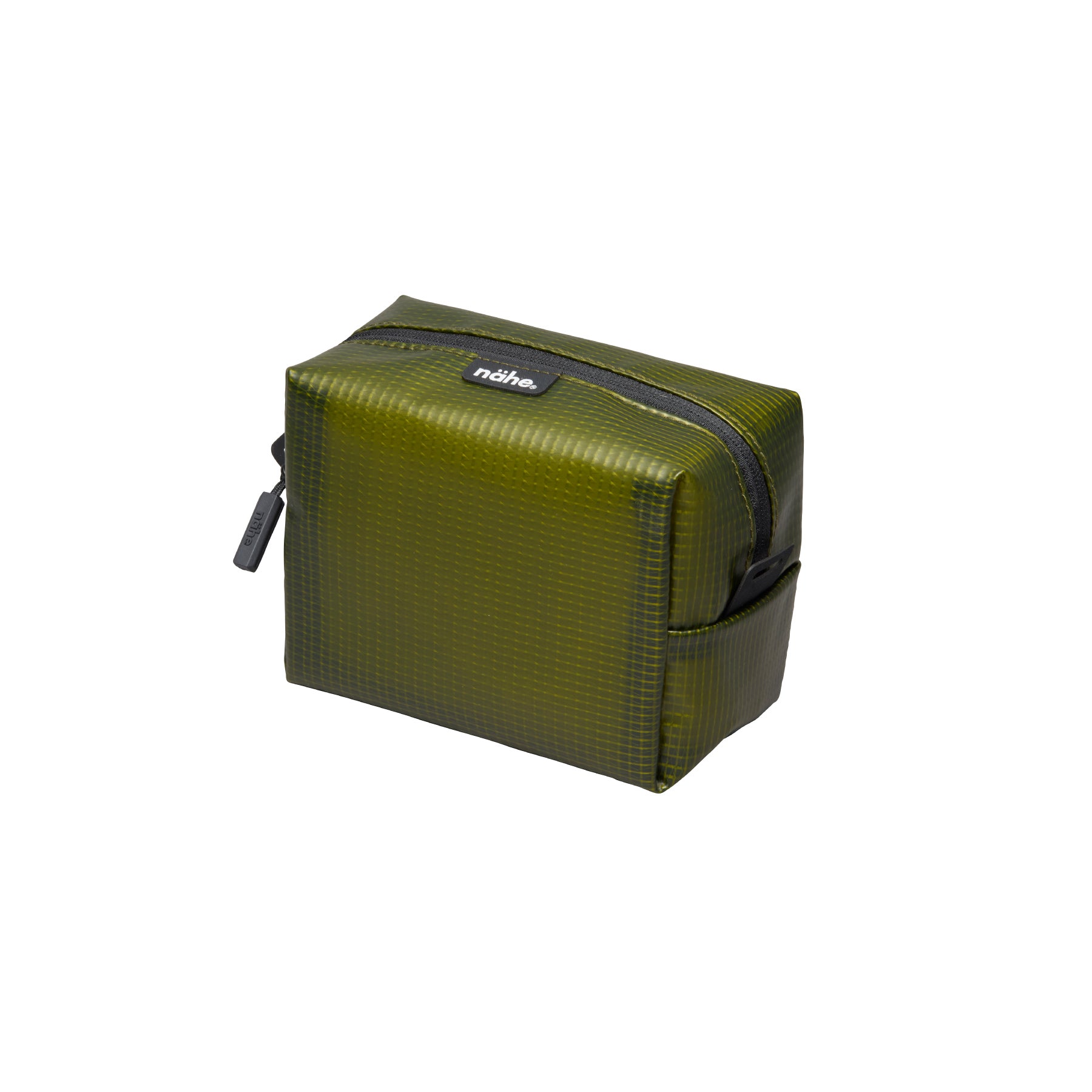 Nähe Soft Grid Pouch in Green, small boxy zip pouch with grid-patterned surface and dark zipper pull.