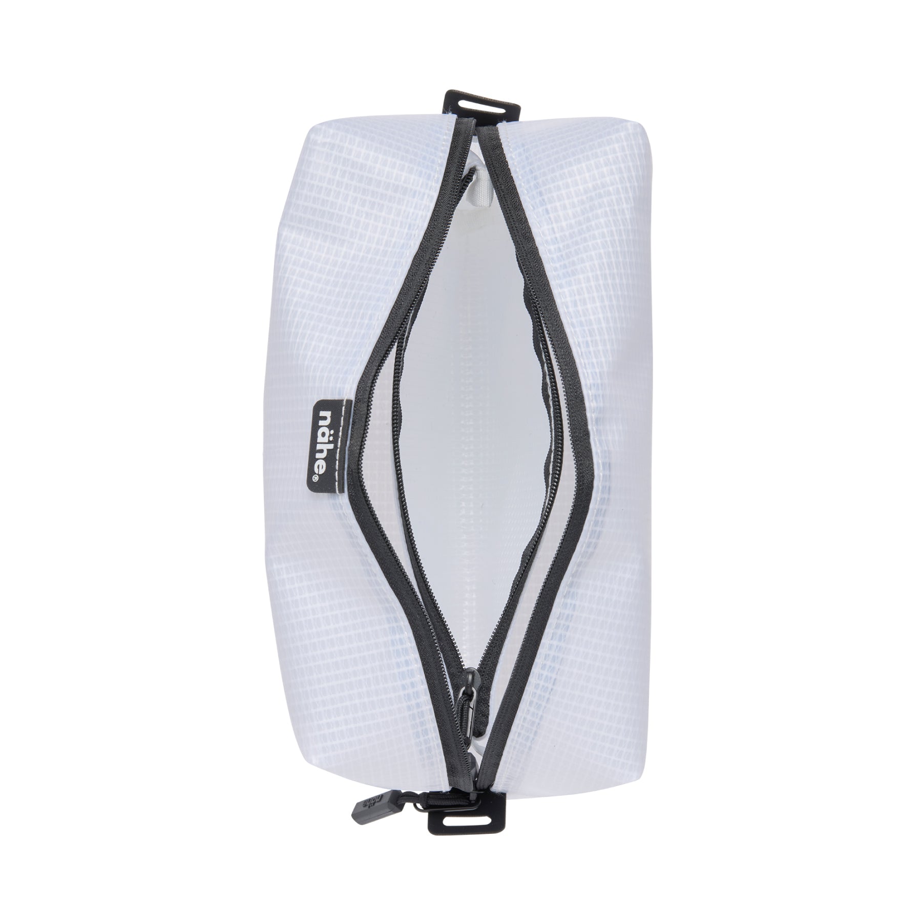 Nähe Soft Grid Pouch in Clear, shown open with grid-patterned semi-transparent body and black zipper