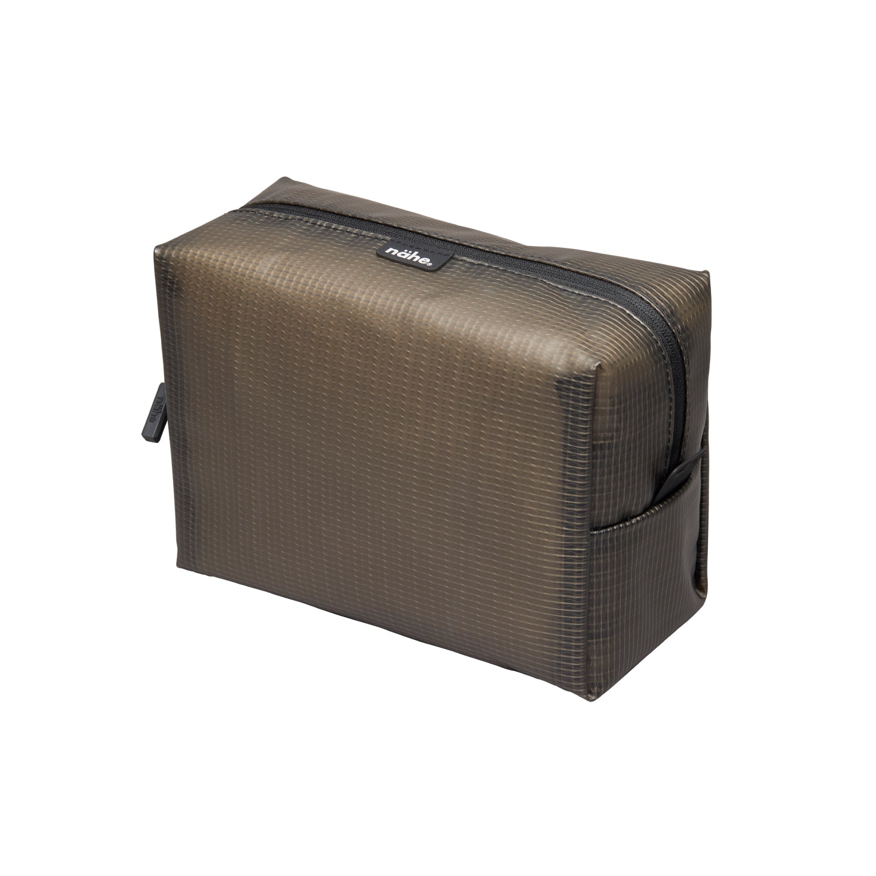 Nähe Soft Grid Pouch in Green, a boxy grid-textured PVC case with black top zipper and side handle.
