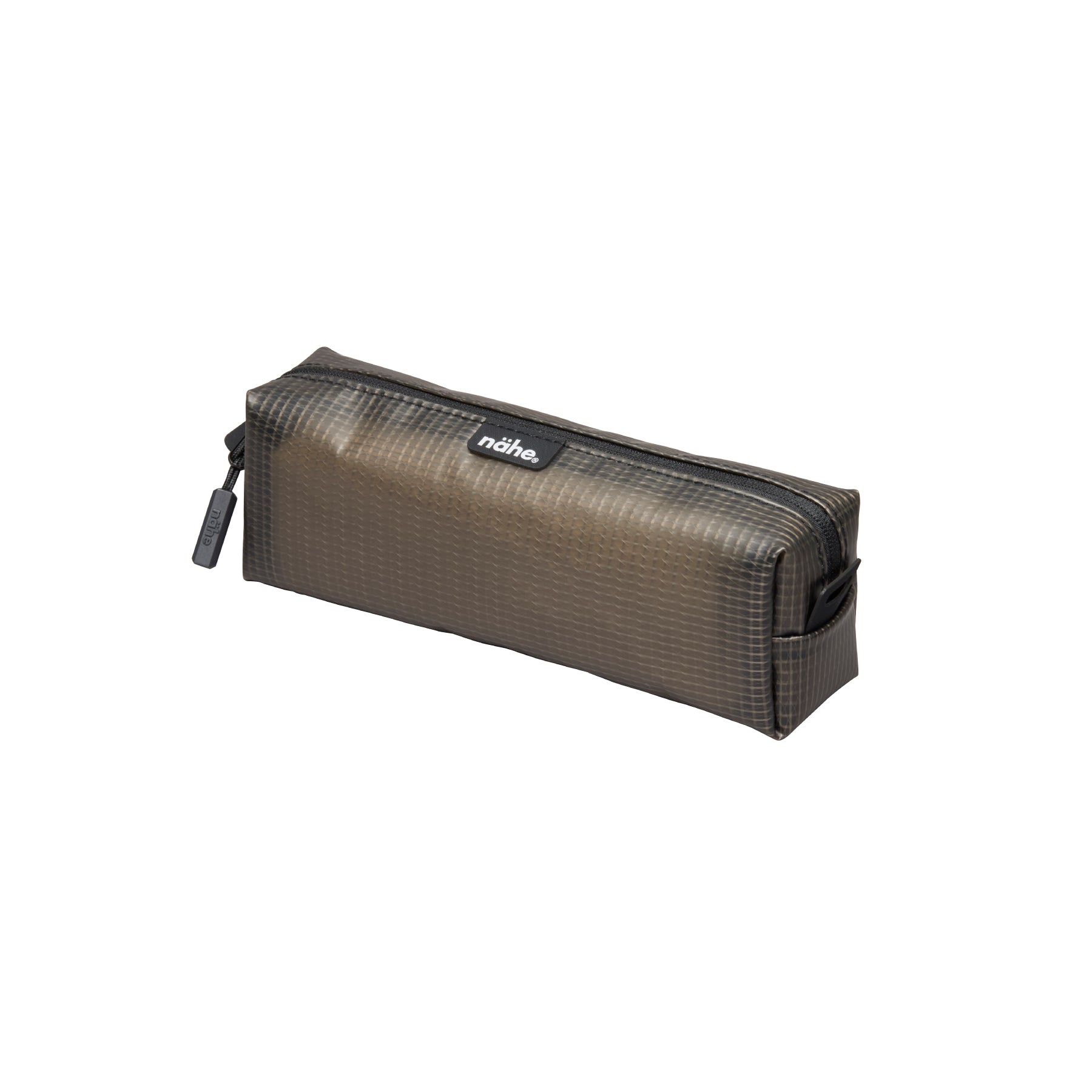Nähe Soft Grid Pouch in Gray, a boxy zippered PVC case with grid texture and side pull tab, shown at an angle.