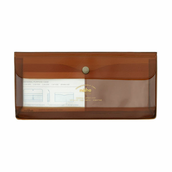 Nähe Clear Brown general purpose case in wide size, a translucent PVC pouch with a metal snap closure.