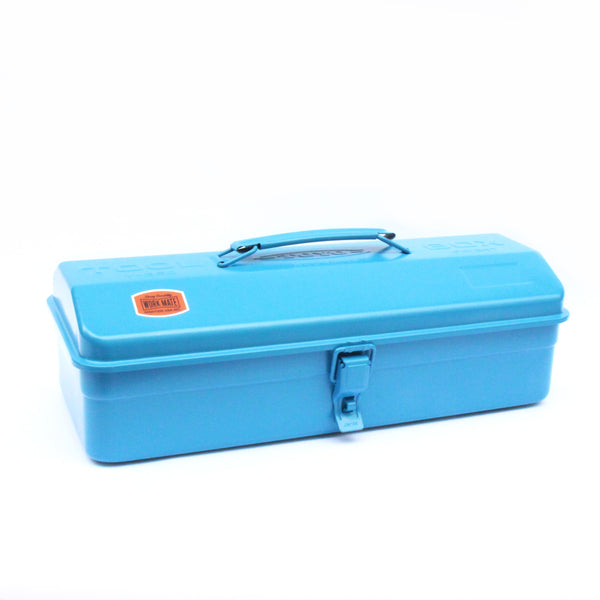 Blue steel WORKMATE Y-350 tool box with camber-top lid, carry handle, latch and orange label.