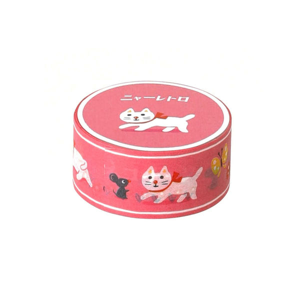 Roll of pink washi tape printed with white cats, a black mouse and butterflies, with Japanese text on top.