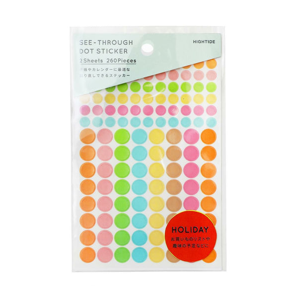 Hightide see-through dot sticker sheets in Neon colors, packaged with a red "Holiday" label.