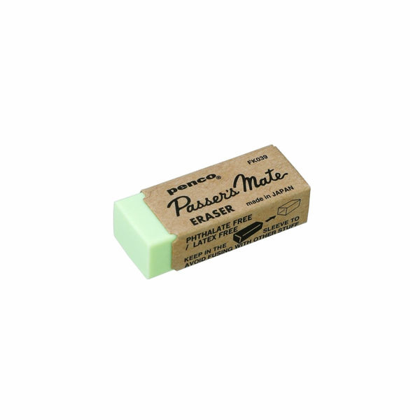 Penco Passer's Mate eraser with a pale green body in a printed kraft paper sleeve, shown at an angle.