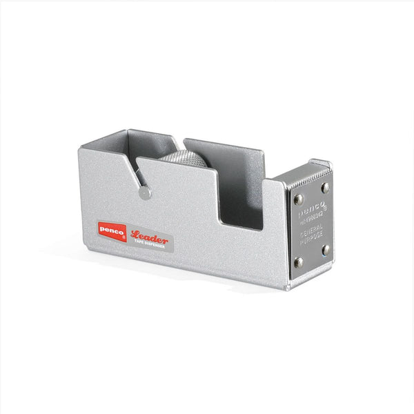 Penco Leader small steel tape dispenser in Silver, shown at an angle with red logo label and serrated blade.