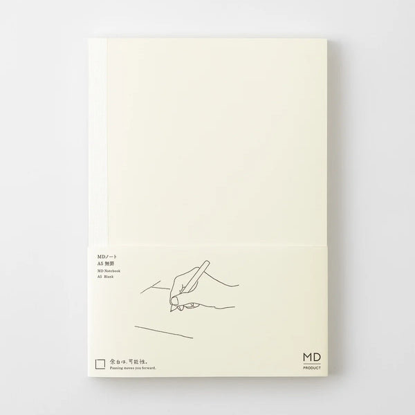 Midori MD Notebook A5 Blank in paper wrap with line drawing of a hand writing and MD logo