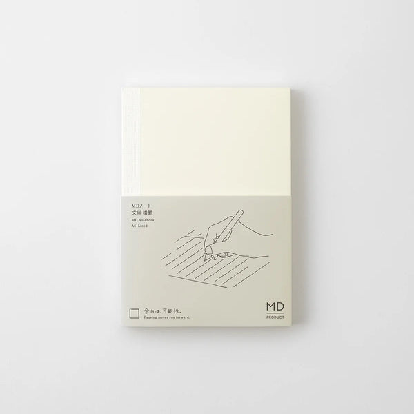 Midori MD Notebook A6 Ruled with cream cover and paper band showing a line drawing of a writing hand
