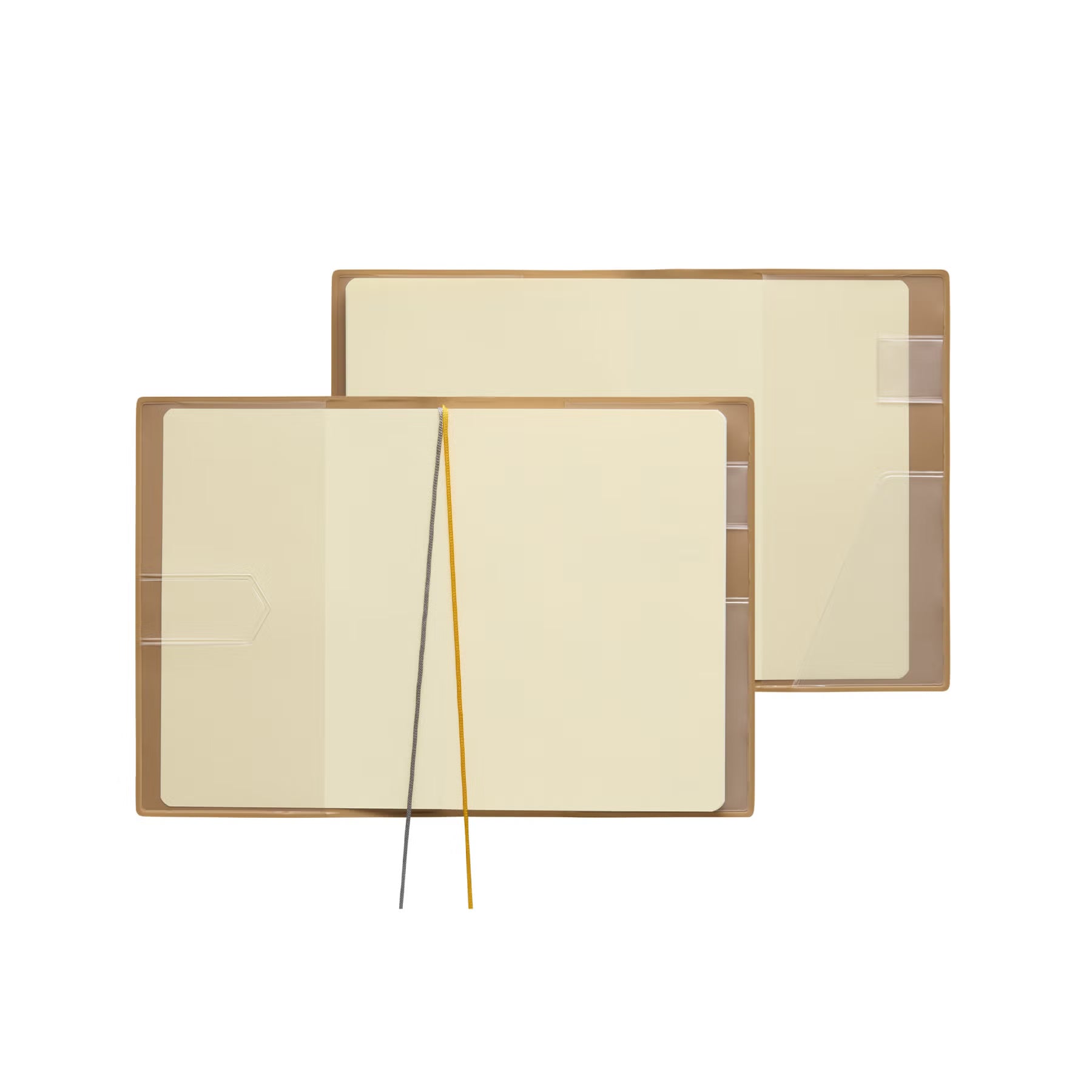 Two open A6 planners in Brown covers showing blank pages, corner pockets and grey and yellow ribbon markers.