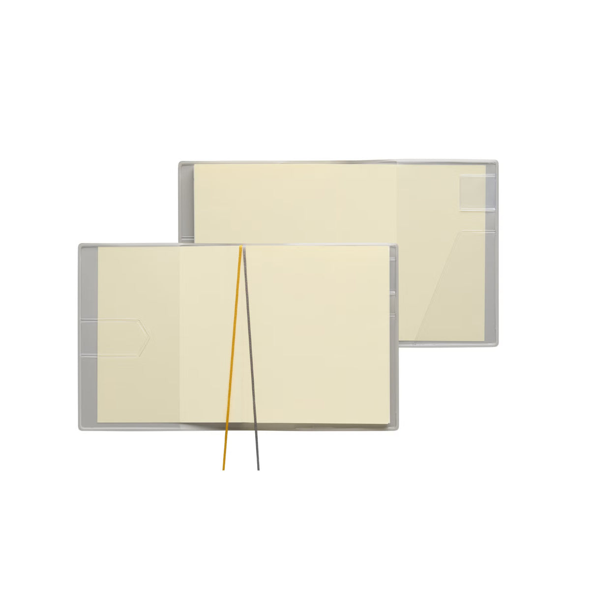 Two open Hightide planners in clear Gray covers showing blank pages, inside pocket and two ribbon markers.