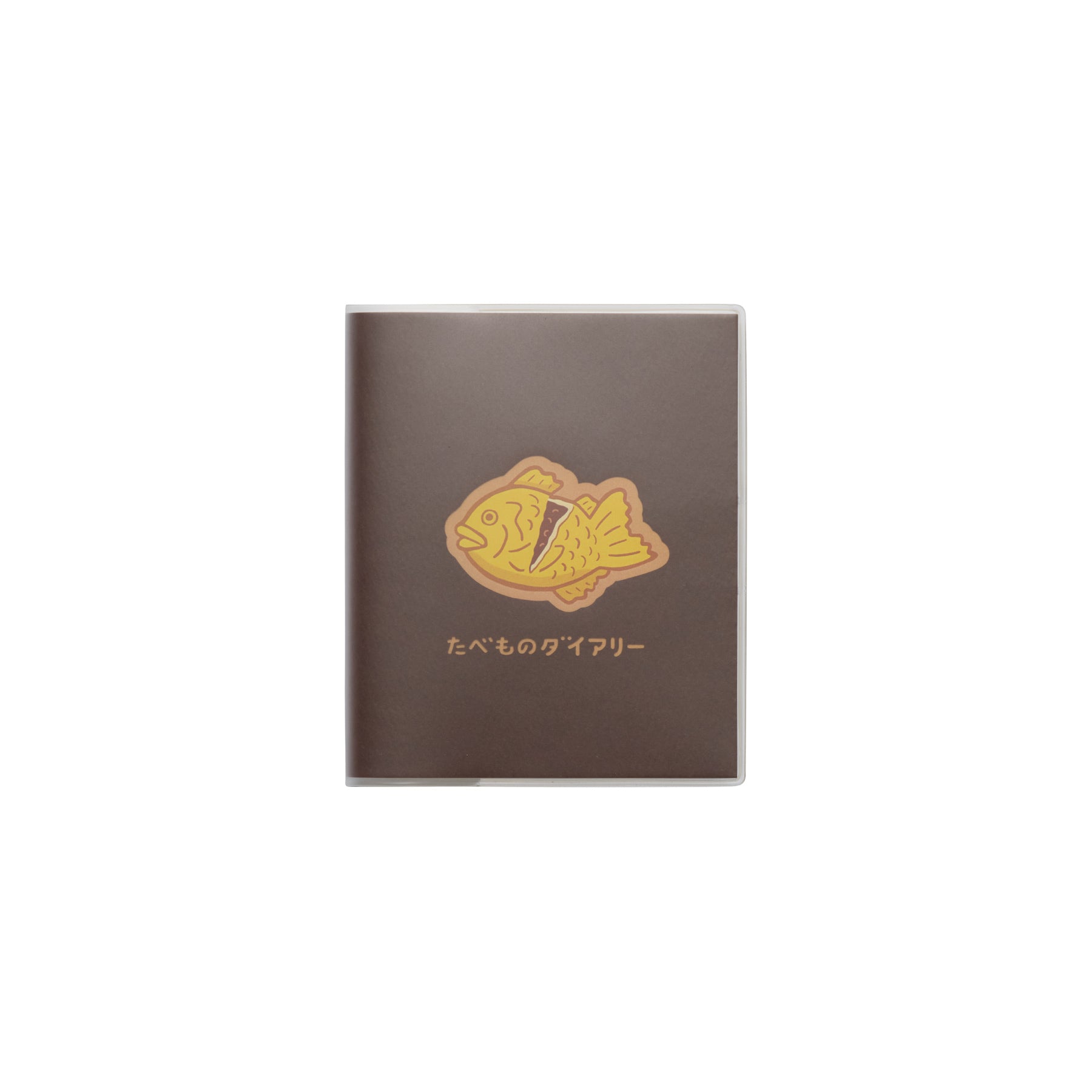 Brown square weekly planner with a clear cover, showing a yellow taiyaki fish design and Japanese title.