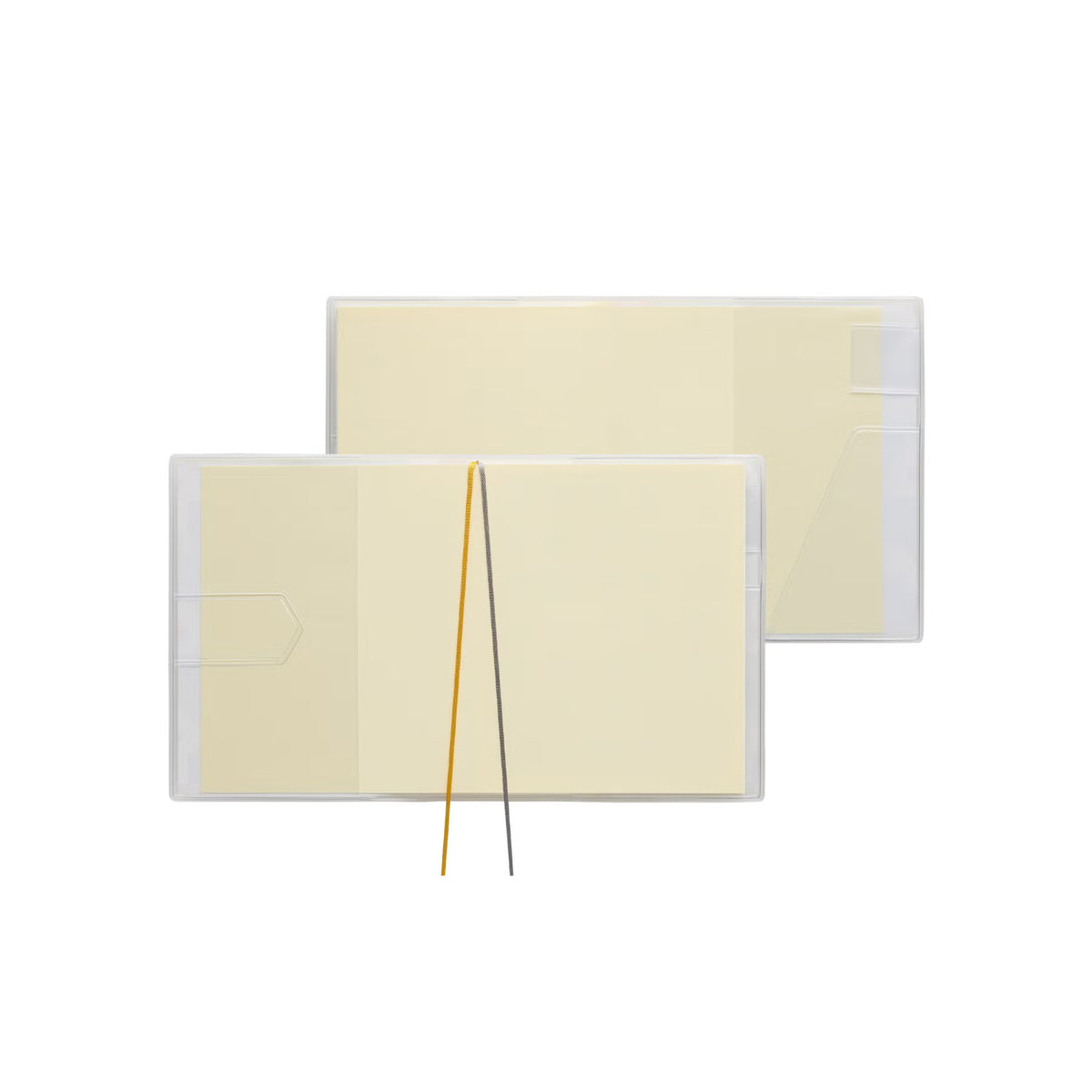 Two Ivory planners in clear protective covers, one open showing corner pocket and yellow and grey ribbon markers.
