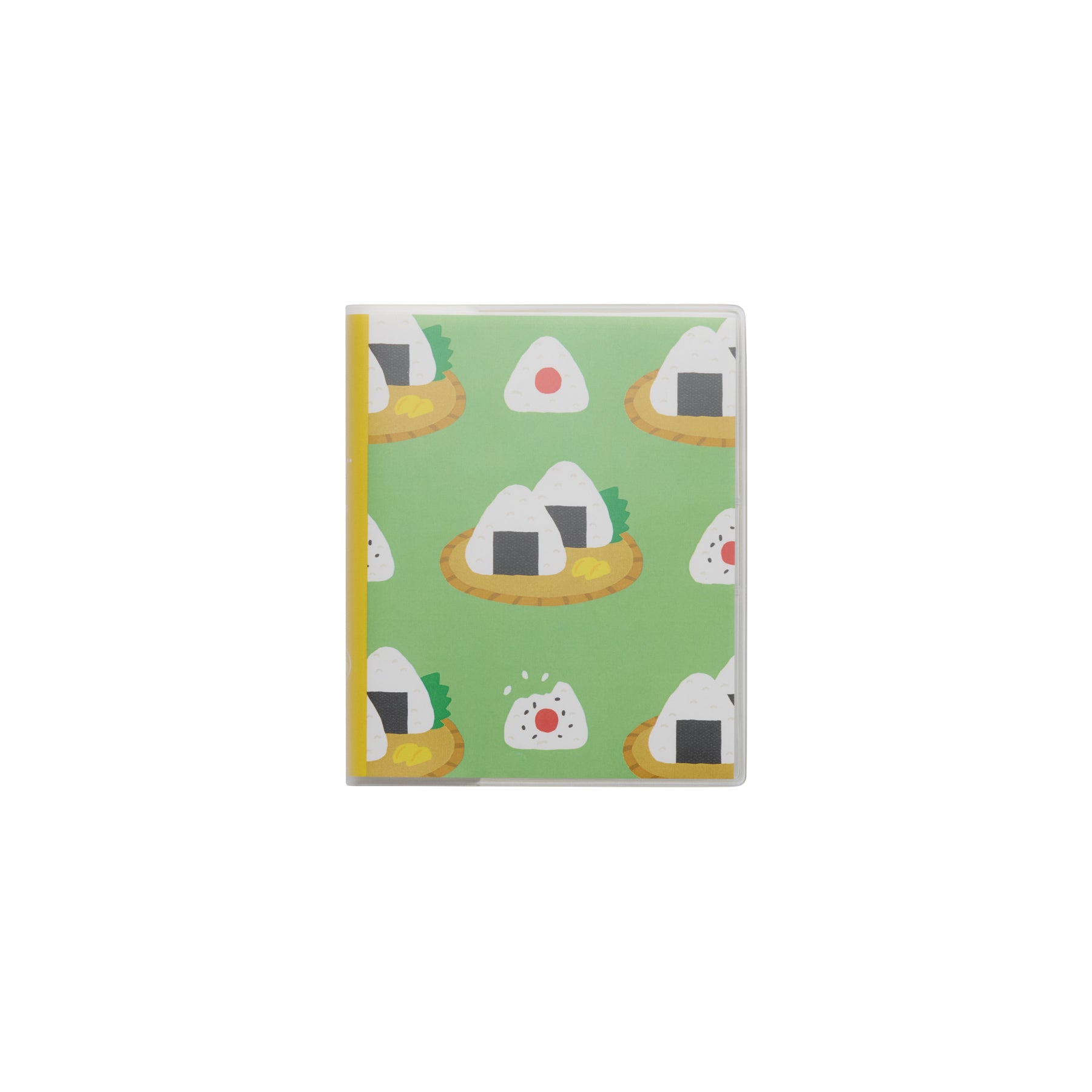 Hightide weekly planner with clear cover over a green onigiri rice ball pattern and yellow spine.