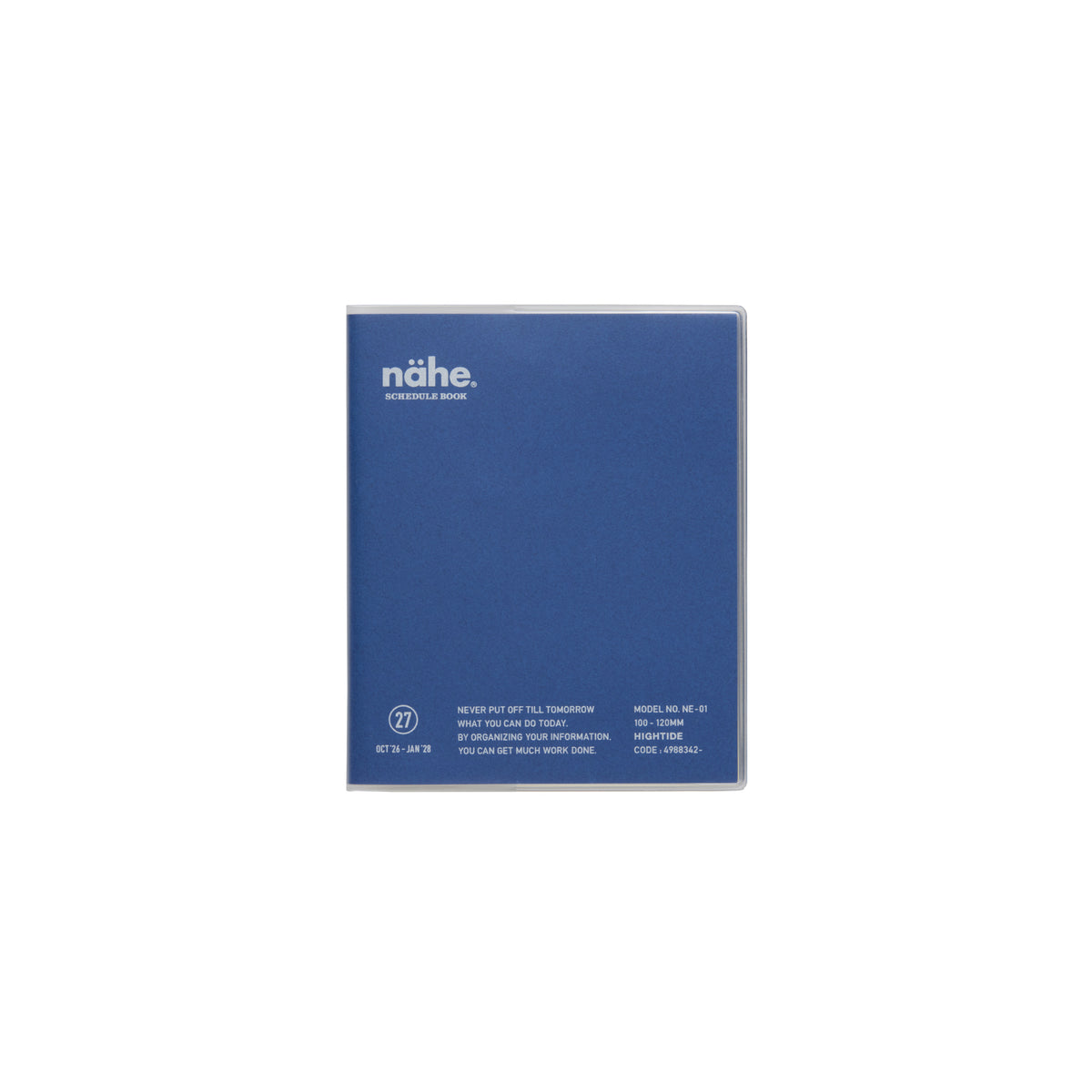 Nähe square monthly planner in Blue with clear cover, white logo and printed details on the front.