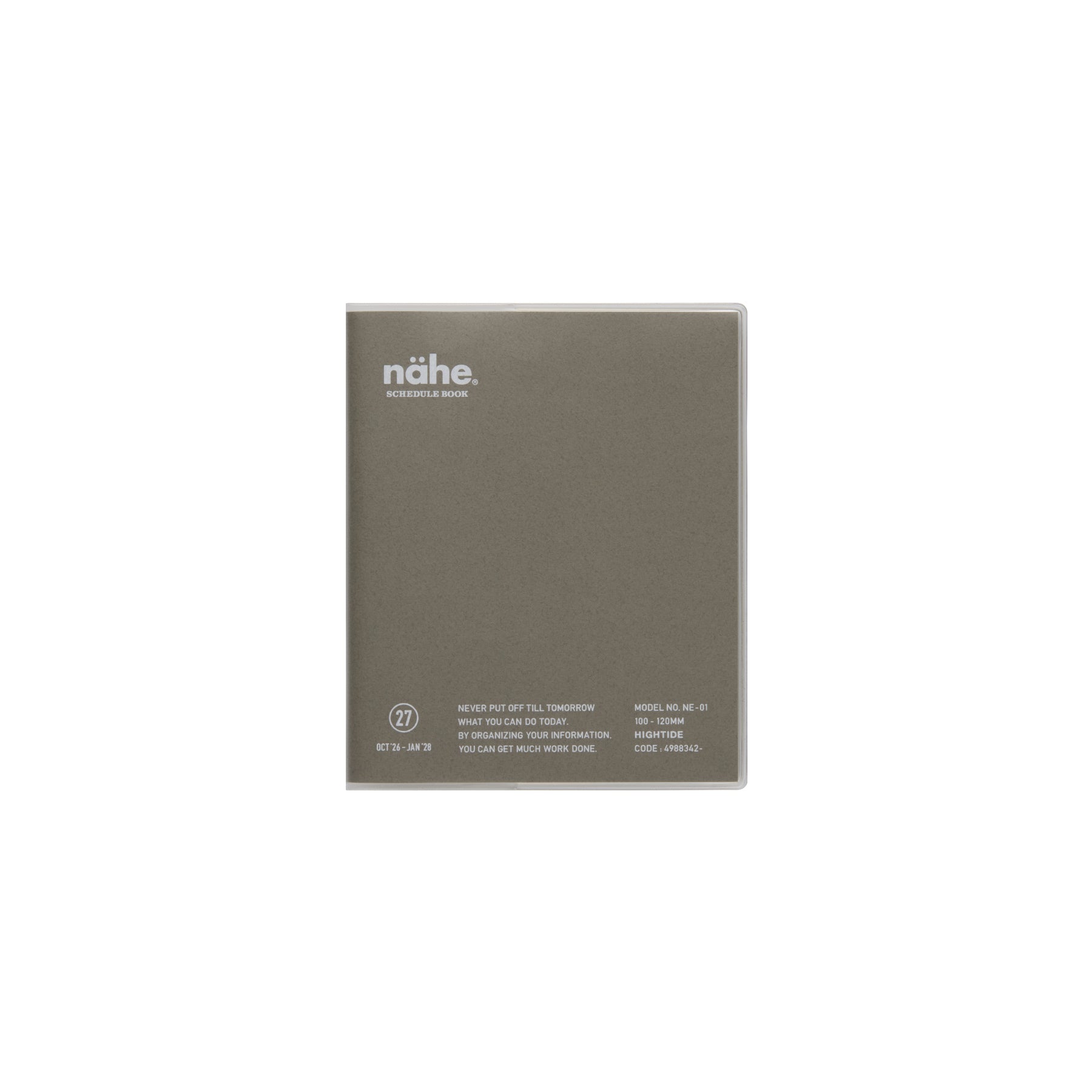 Nähe square monthly planner in Gray with clear cover, showing logo and printed details on the front.