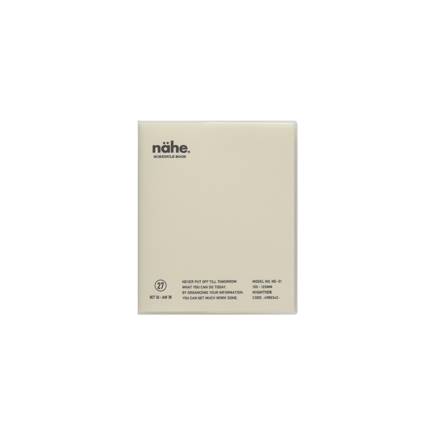 Nähe square monthly planner in Ivory with clear cover, printed logo and schedule details on the front.
