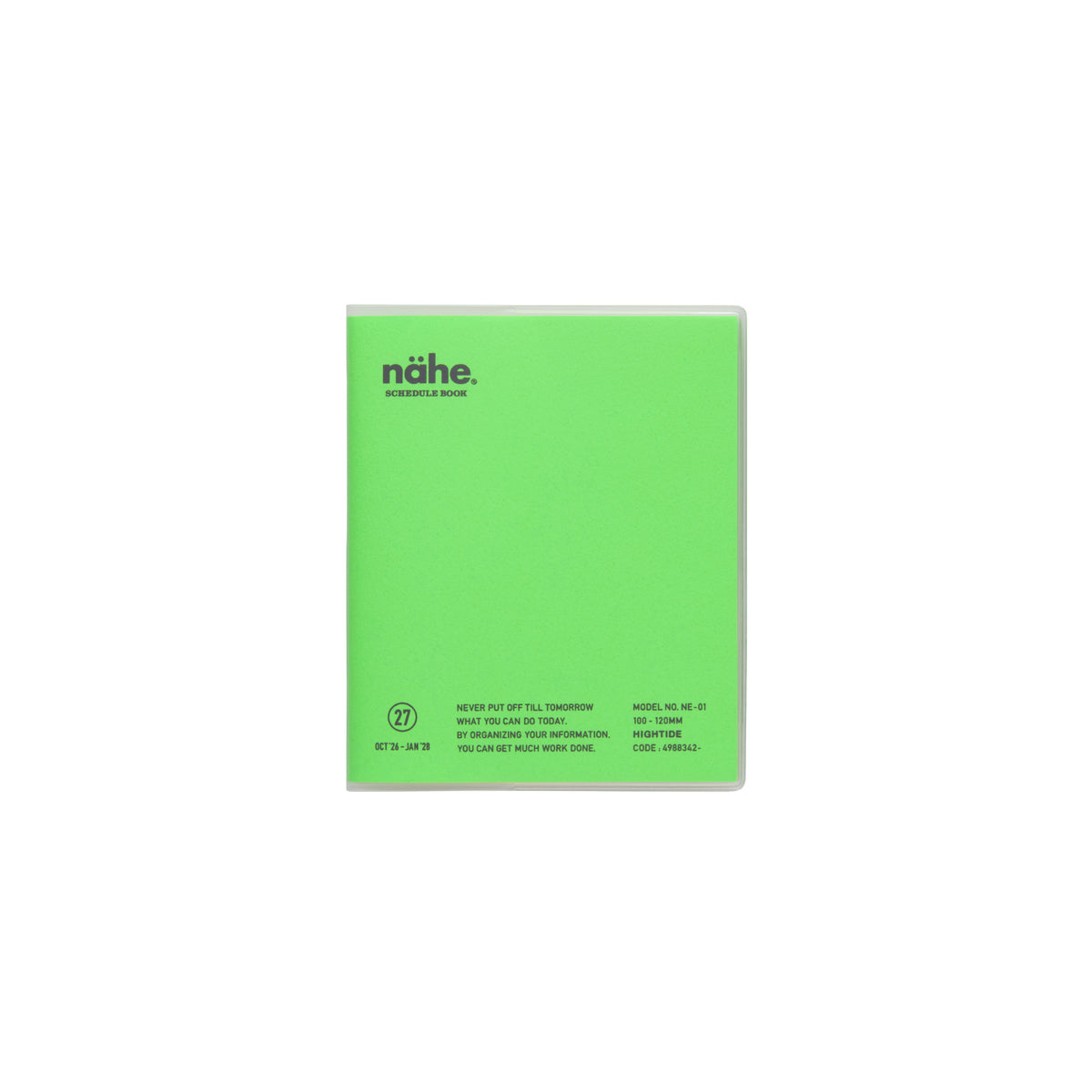 Nähe square monthly planner in Neon Green with a clear cover and printed text along the bottom.