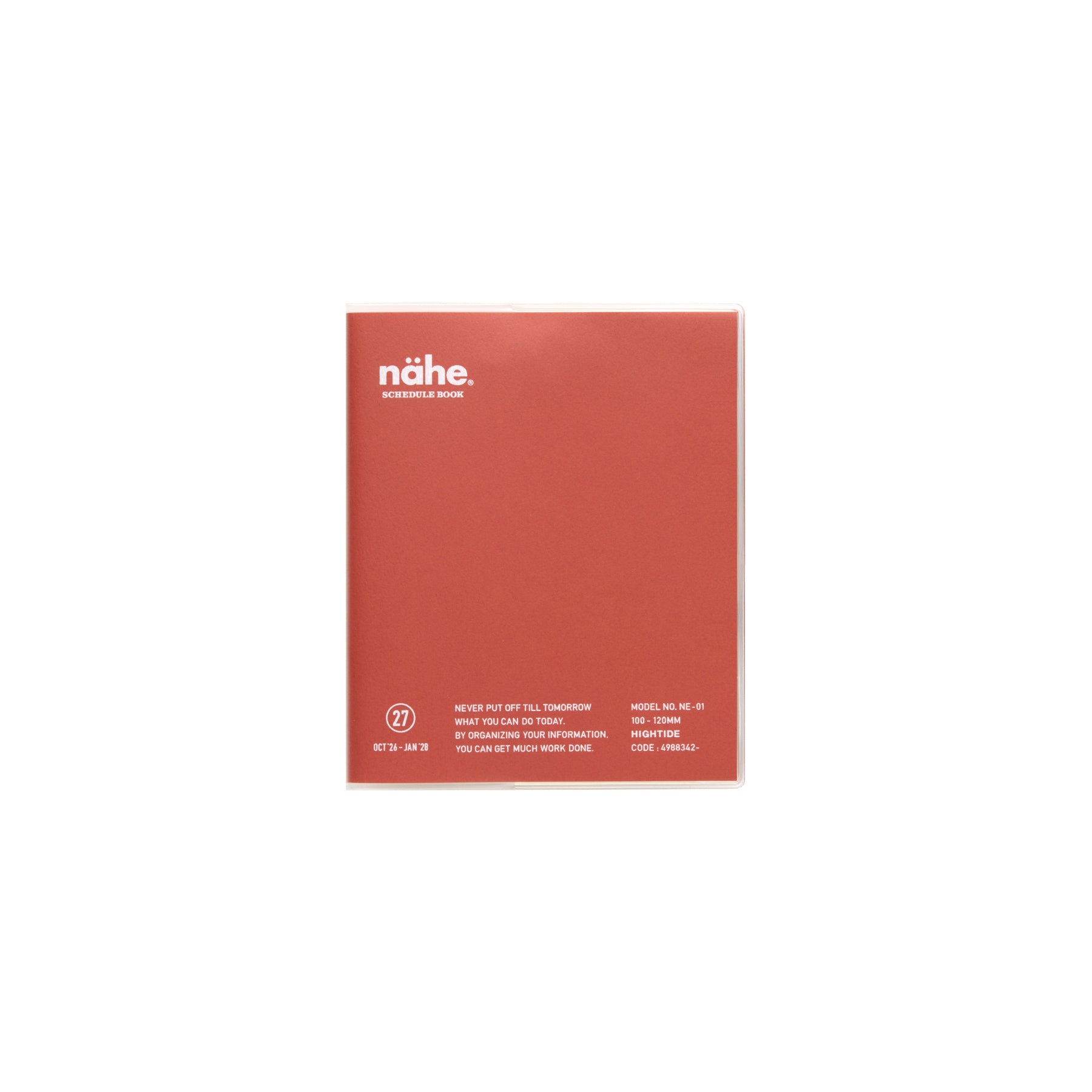 Nähe square monthly planner in Red with white logo and printed details on the cover.
