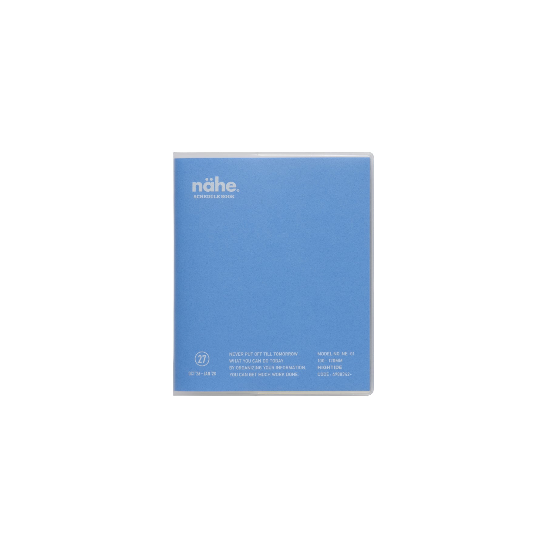 Nähe square monthly planner in Blue with a clear cover, white logo and printed details along the bottom.