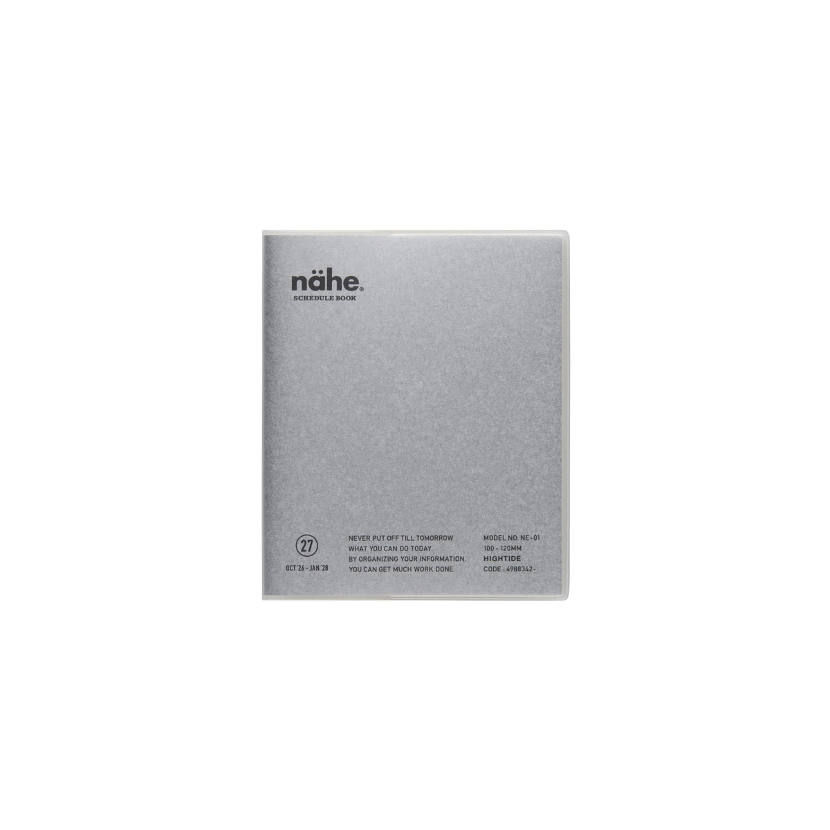 Nähe square monthly planner in Silver with a translucent cover and black printed text on the front.