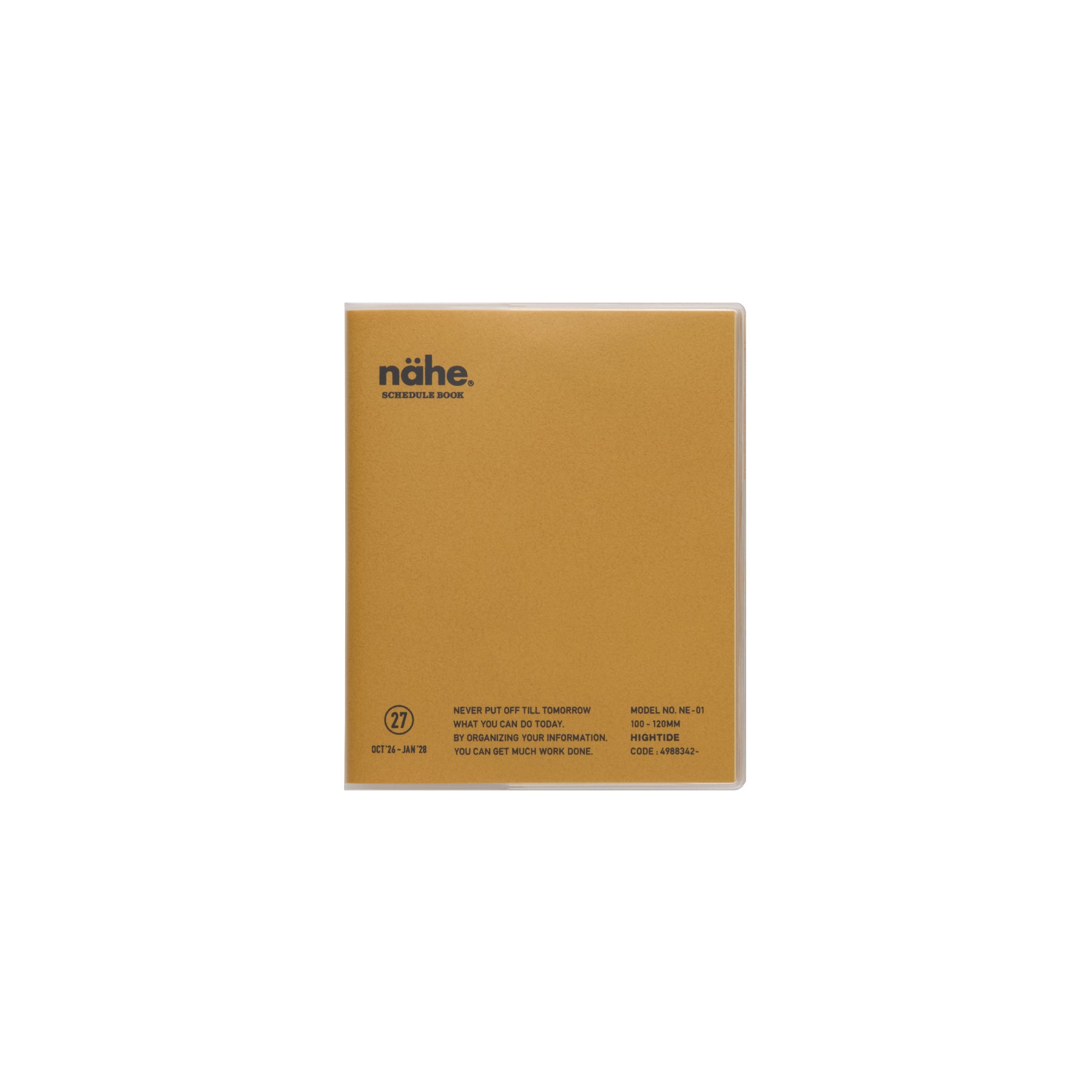 Nähe square monthly planner in Gold with a clear protective cover and printed text on the front.