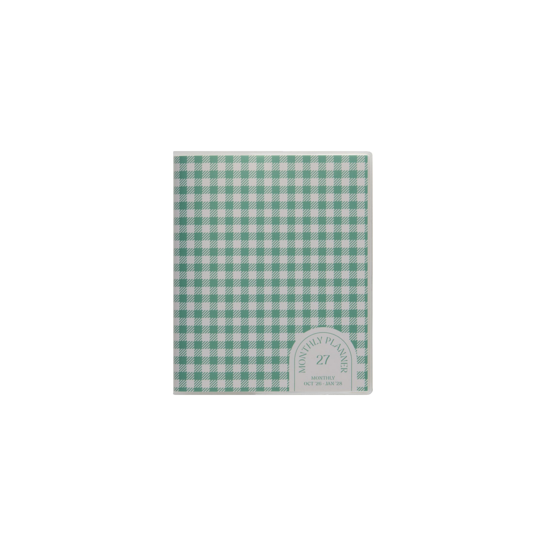 2027 monthly planner with Green gingham check cover and arched label reading Monthly Oct '26–Jan '28.