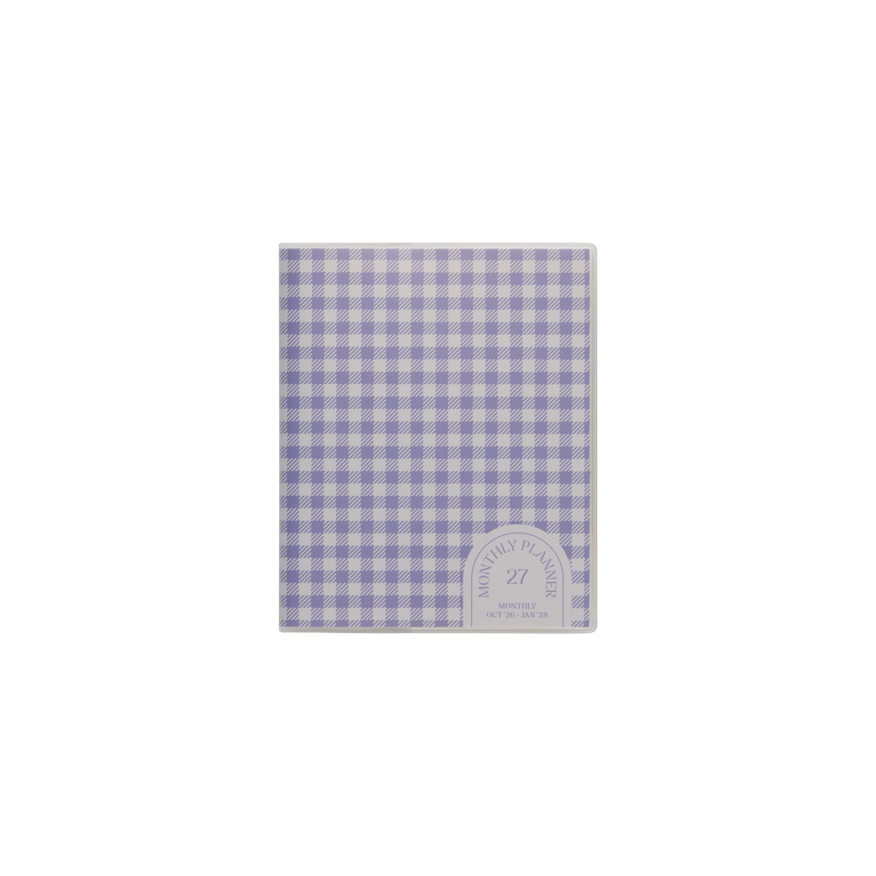 2027 monthly planner with Lavender gingham check cover and arched label reading Monthly Planner 27.