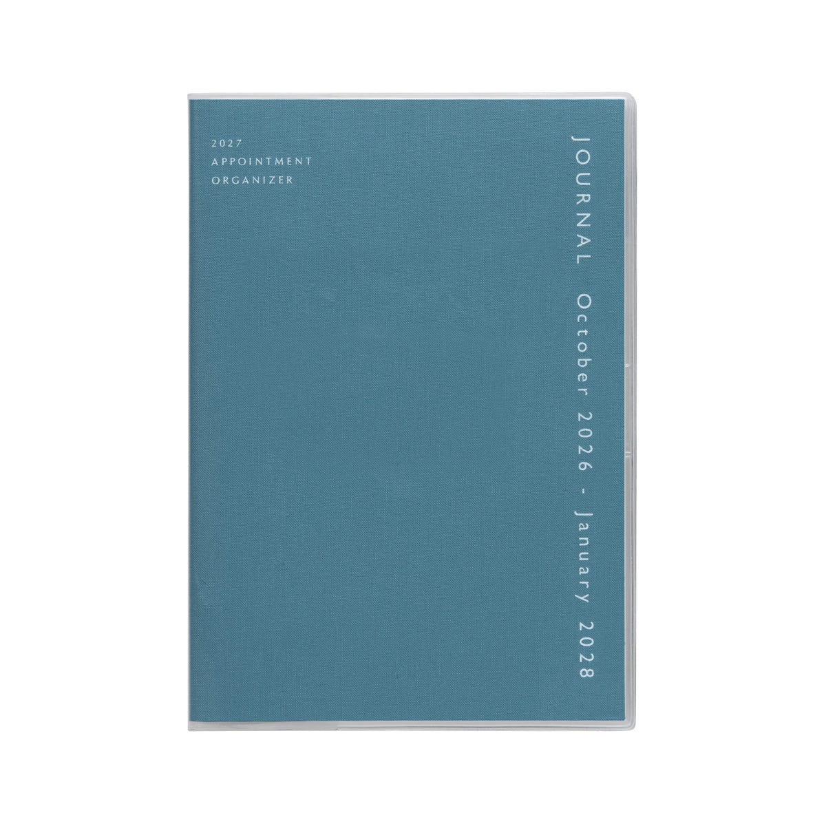 Blue fabric-covered A5 monthly planner with clear protective cover, labeled 2027 Appointment Organizer.