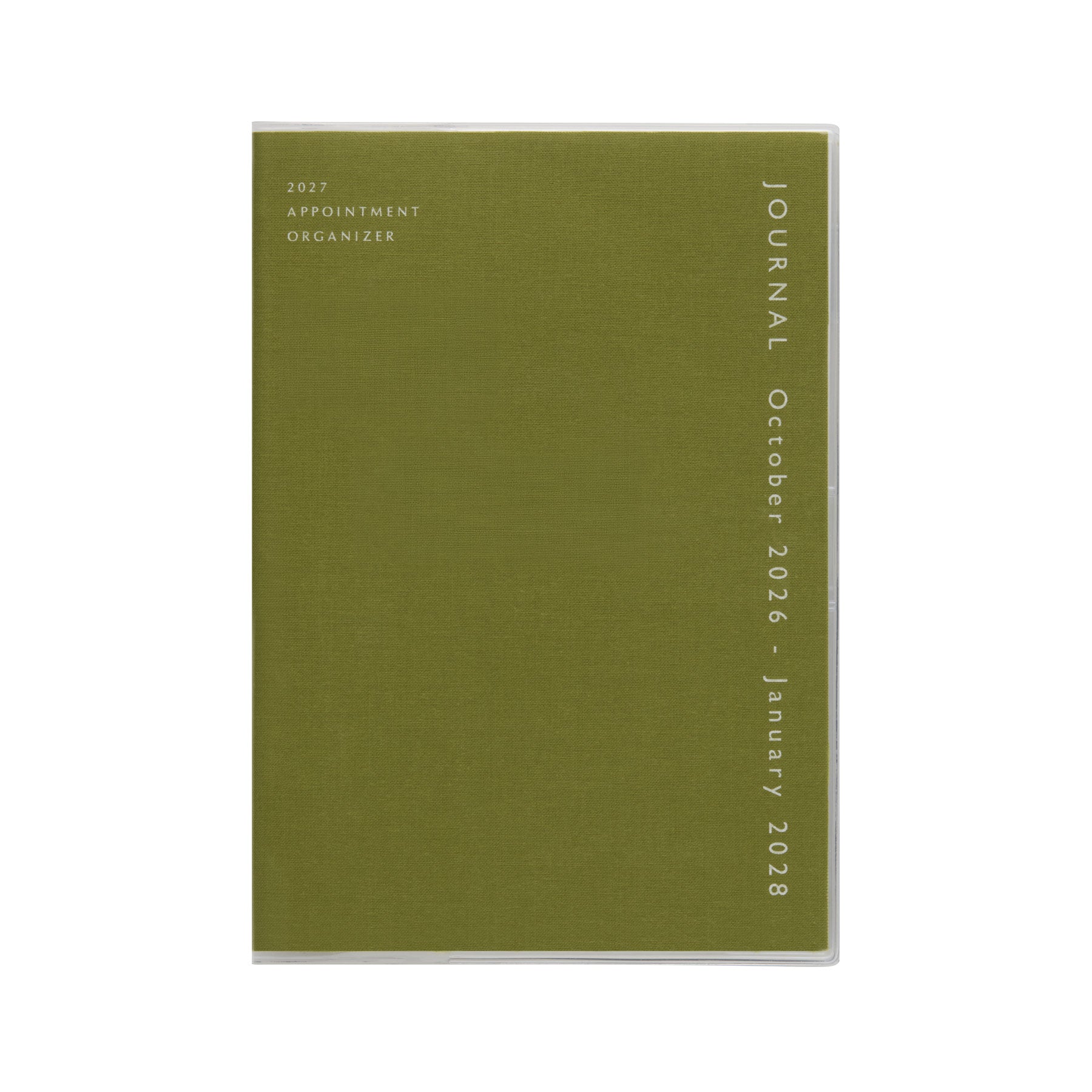 Hightide Coton A5 monthly planner in Khaki with clear protective cover, dated October 2026 to January 2028.