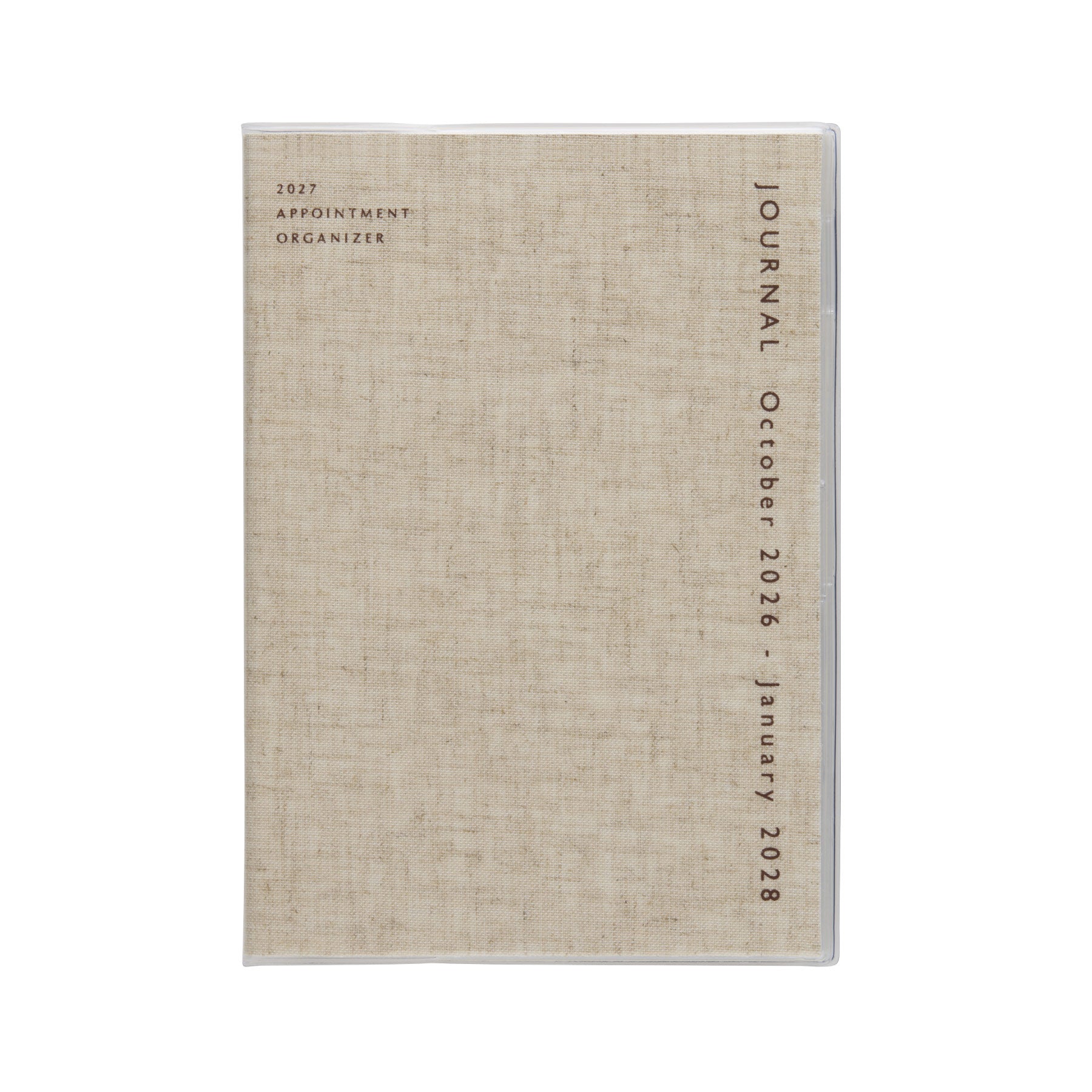 Hightide 2027 monthly planner in Linen with clear protective cover, dated October 2026 to January 2028.