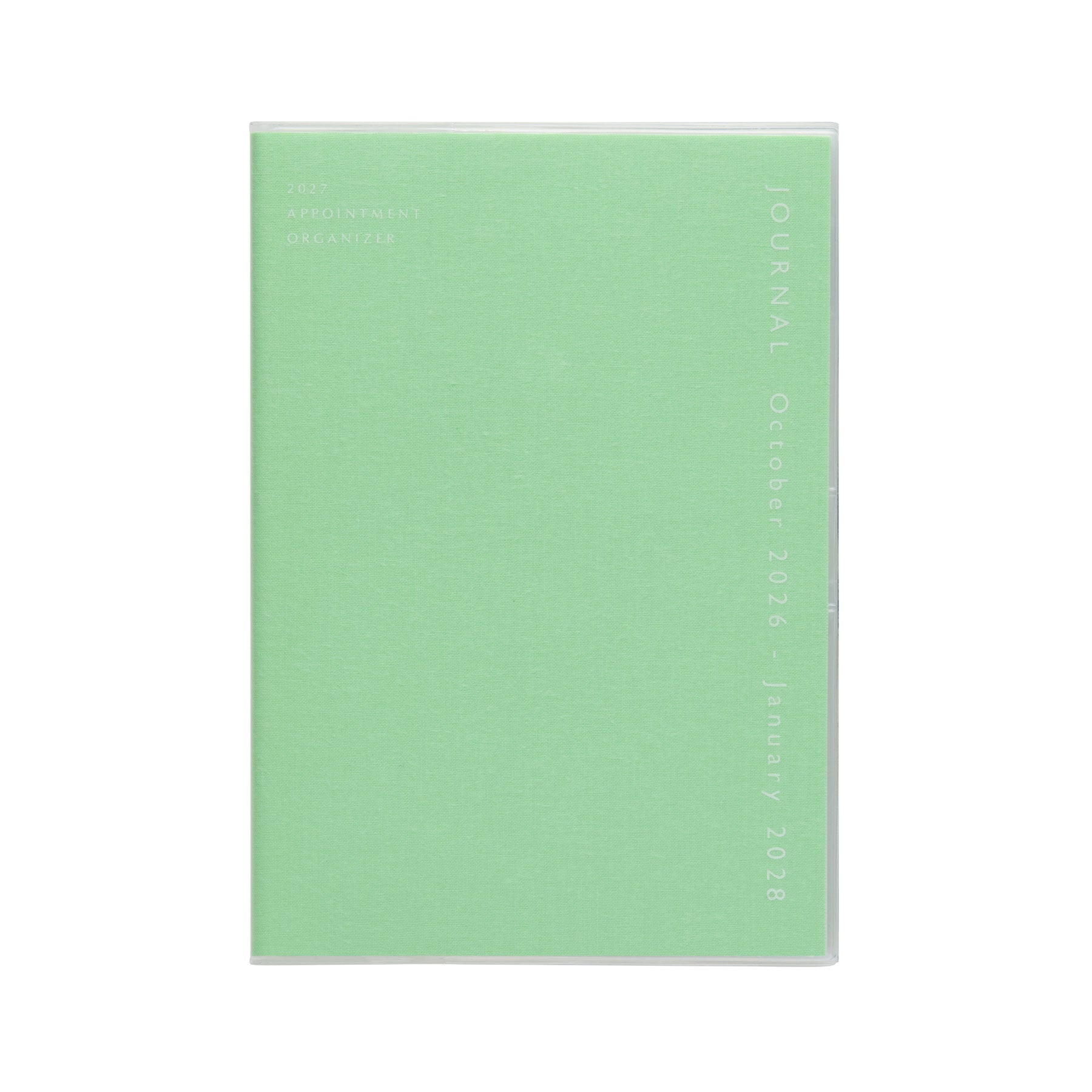Mint green fabric-look A5 planner cover under a clear jacket, printed "Journal October 2026 – January 2028".