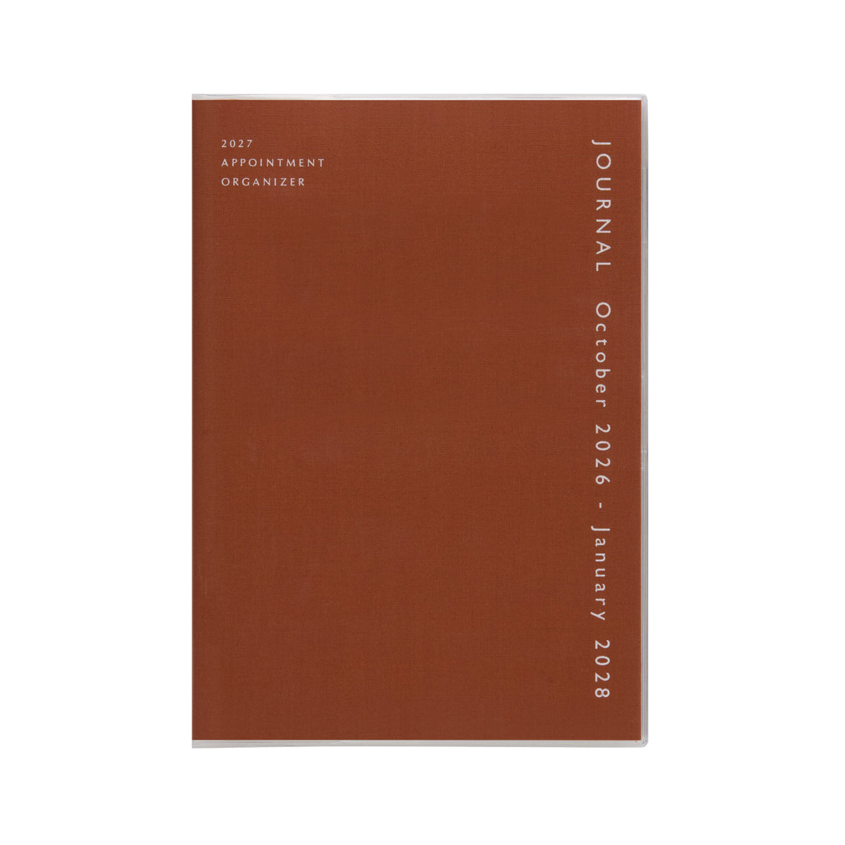 Hightide 2027 Coton A5 monthly planner with reddish-brown fabric cover, clear protective jacket and white text.
