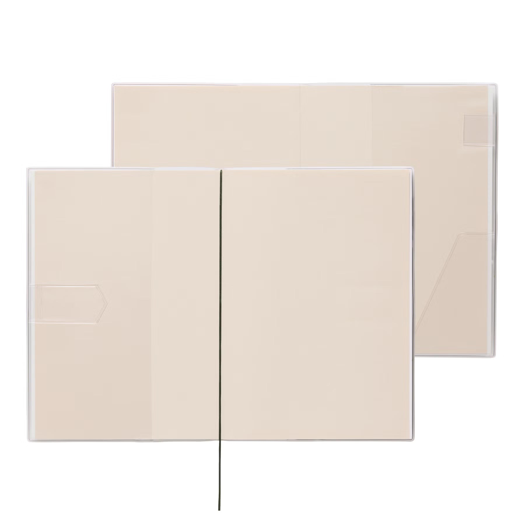Two open planners showing the clear protective cover with corner pockets and a slim bookmark ribbon.